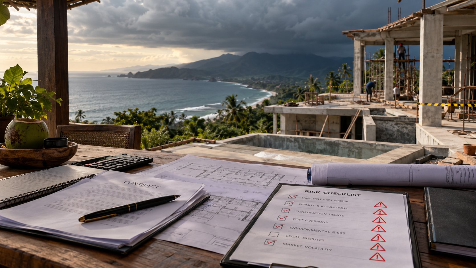 Checklist de riesgos, contrato y planos frente a una villa en construcción en Lombok