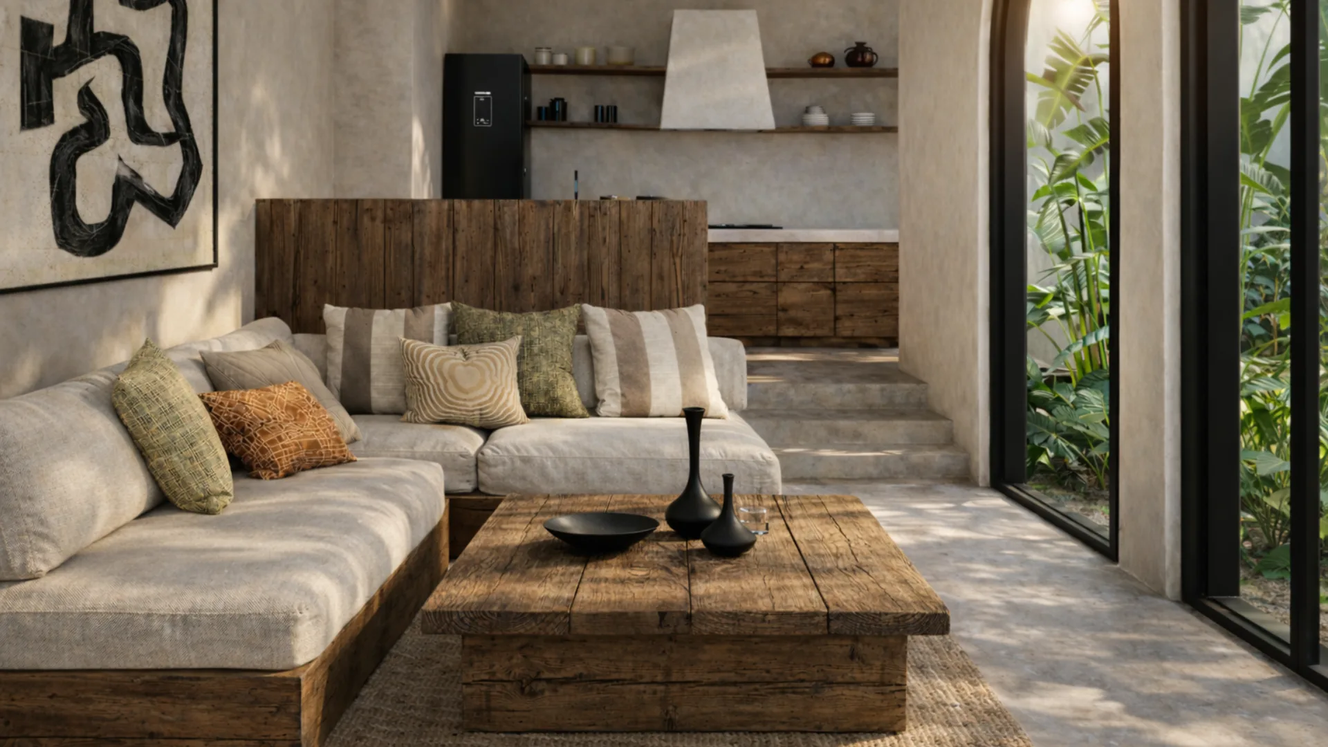 Salón de concepto abierto de villa de lujo en Lombok